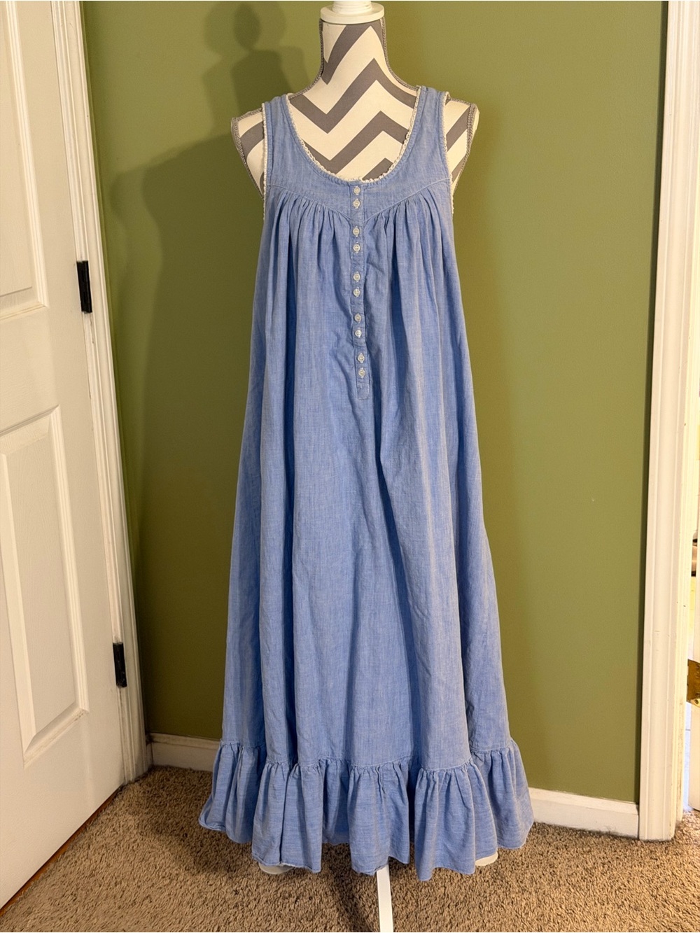 Vintage Blue Ruffled Maxi Cotton Nightgown Dress